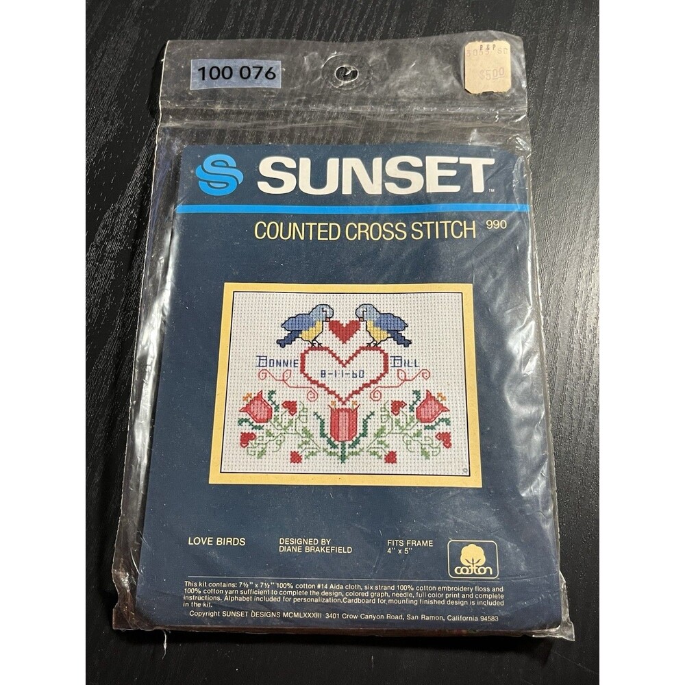 Sunset Designs Love Birds Diane Brakefield Cross Stitch Kit 990 4x5 framed VTG